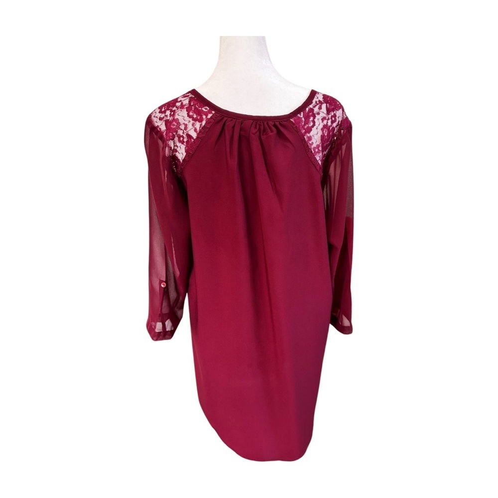 Maternity Burgundy Blouse 3/4 Sleeve with Lace Mesh Detail-Sz M - Picture 2 of 8